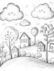 Poster - Whimsical hand-drawn doodles portray clouds, cheerful trees, and delightful houses set against a serene hillside backdrop. Generative AI