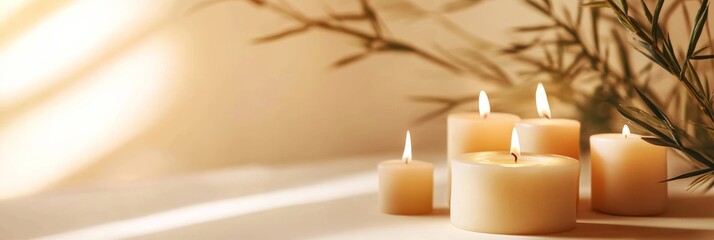 Poster - Five burning candles on a table with green bamboo plant, creating a relaxing and peaceful atmosphere. Perfect for spa, meditation or wellness concepts