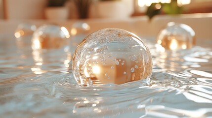 Leinwandbilder - Clear bubbles float gracefully to the surface of calm water, capturing sunlight and creating a tranquil atmosphere in the afternoon light.