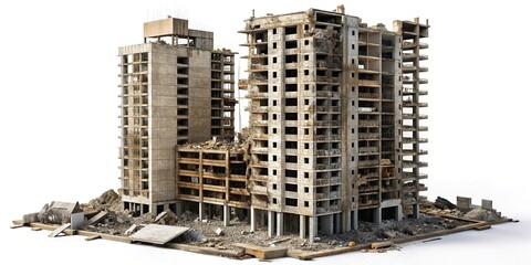 Wall Mural - High angle view of a destroyed skyscraper against white background