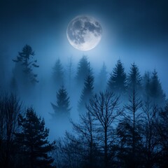 Wall Mural - a misty forest at night with a full moon shining through the clouds creating an ethereal atmosphere