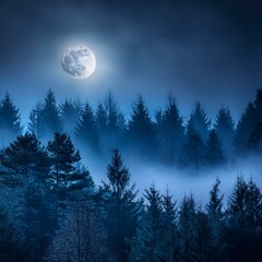Wall Mural - a misty forest at night with a full moon shining through the clouds creating an ethereal atmosphere