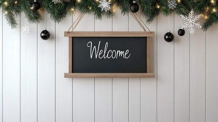 Canvas Print - A chalkboard sign reading Welcome hangs amid a festive arrangement of snowflakes and garland on a white wood wall