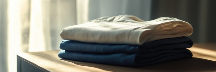 A collection of minimalist sportswear is neatly arranged on a smooth table, illuminated by soft afternoon sunlight through the window. Generative AI