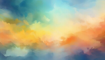 Wall Mural - colorful watercolor background of abstract sunset sky with paint blotches and soft blurred texture in blue green yellow beige and orange gradient background generative ai