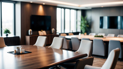 A blurred image of a stylish conference room with a large table, comfortable chairs, and contemporary decor, suggesting a professional environment.