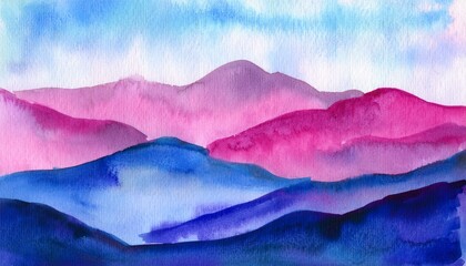 Wall Mural - grunge watercolor illustration of blue pink mountains abstract background of nature landscape for prints packaging design