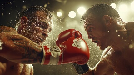 A close-up of two boxers exchanging punches, their gloved hands colliding with force, intensity and motion captured in high-definition, while the softly blurred crowd and lights offer clear copy space