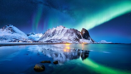 Wall Mural - northern lights over the snowy mountains frozen sea reflection in water at winter night in lofoten norway aurora borealis and snowy rocks landscape with polar lights road starry sky and fjord