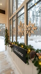 Canvas Print - A chalkboard sign reading Welcome hangs amid a festive arrangement of snowflakes and garland on a white wood wall