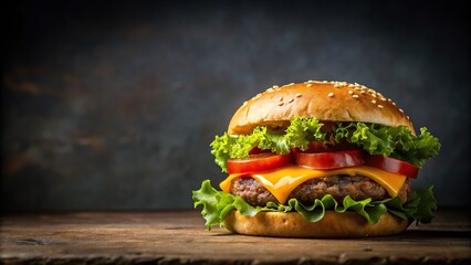 Wall Mural - Delicious burger with meat, cheese, lettuce, and tomato on a dark background