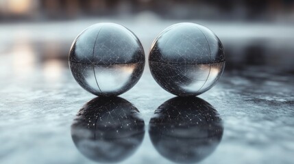 Poster - Two clear spheres sit side by side on a reflective surface, showcasing intricate patterns and a shimmering icy texture illuminated by natural light, creating a serene atmosphere.