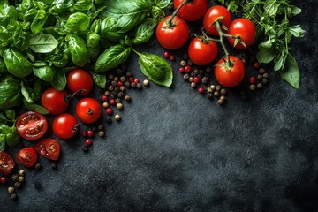 Fresh basil and ripe tomatoes arranged with colorful spices on a dark kitchen countertop