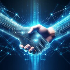 Two hands shaking in a futuristic digital style. Each hand is formed by interconnected nodes and lines, representing technology or a virtual connection. The background is a glowing blue, highlighting 