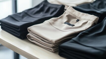 Aufkleber - Beautifully arranged sportswear is stacked on a clean table, highlighting the simplicity and functionality of modern athletic clothing. Generative AI