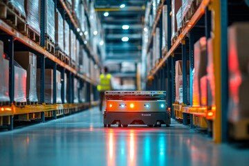 An efficient robotic assistant moves through a modern warehouse. Bright lights illuminate the pathway. Automation improves logistics and workflow. Generative AI