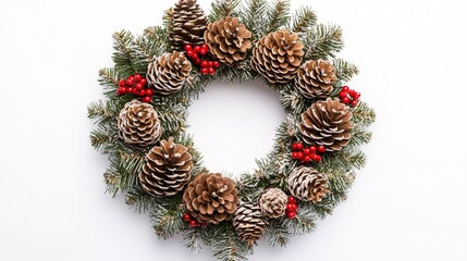 Pine cone wreath on white, holiday decor