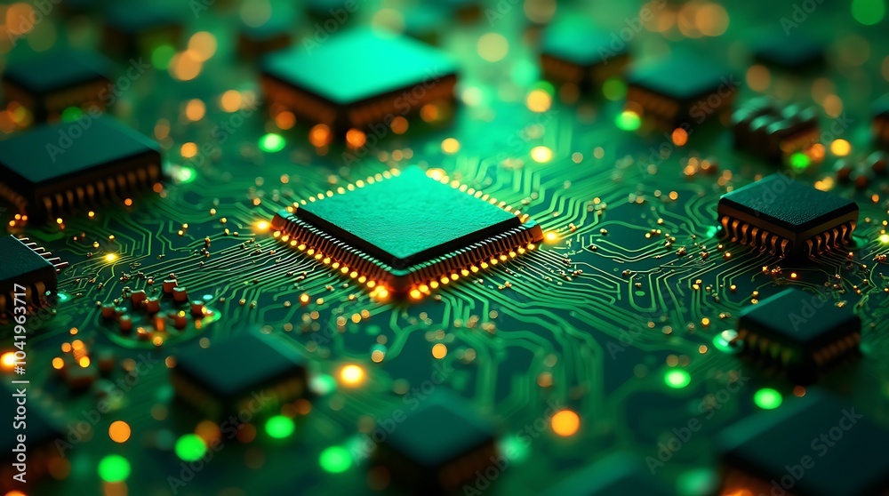 Dynamic Green Circuit Board Pattern with Copper Wires, Microchips, and ...
