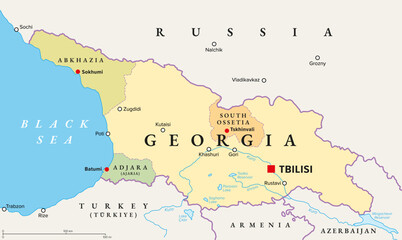  Georgia with capital Tbilisi, political map. Country in Eastern Europe and West Asia, part of Caucasus region. With autonomous republics of Abkhazia and Adjara, and independent region South Ossetia.