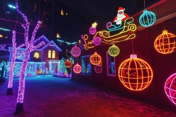 A fun and festive Christmas light show, with the house covered in colorful synchronized lights that pulse to holiday music, giant illuminated ornaments hanging from the trees