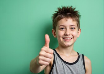 Cheerful Boy with Spiky Hair Giving Thumbs Up Against Green Background with Copy Space