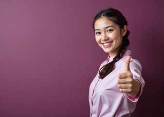 Young woman with cheerful smile giving thumbs up against purple background with copy space