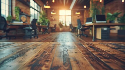 Wall Mural - A modern open-concept office space with wooden flooring, stylish decor, greenery, and warm ambient lighting ideal for collaborative work environments