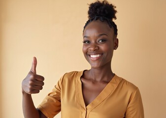 Young woman with joyful smile giving thumbs up against warm beige background