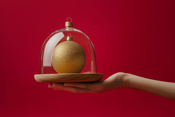 Hand holding a glass cloche with Christmas ball inside it, minimalist creative concept. Hello winter, Happy New Year, Merry Xmas, seasonal food, giftbox, sales, winter holidays mood in a cloche jar