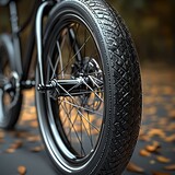 Close-up of a bicycle tire on a bed of fallen leaves in warm autumn tones.