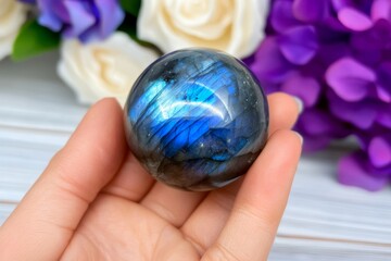 Canvas Print - Beautiful natural blue labradorite stone displaying vivid iridescent colors while held in a hand