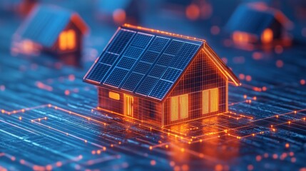 Poster - A house is lit up with orange lights and is surrounded by a blue background