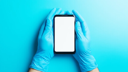 Hands in Blue Gloves Holding a Smartphone - Technology and Hygiene