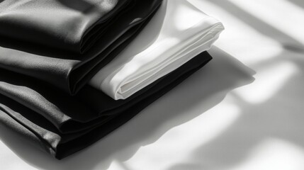 Aufkleber - Neatly arranged black and white sportswear rests on a smooth table, highlighted by elegant shadows from natural light streaming in. Generative AI