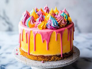 vibrant cake with colorful icing and glossy pink drip, beautifully presented on speckled plate. This delightful dessert is perfect for celebrations and brings joy to any occasion