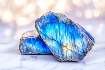 Sticker - Captivating iridescent blue labradorite polished stones showcasing vibrant reflections against an abstract background