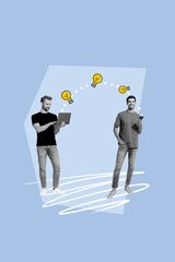 Aufkleber - Vertical collage young man internet transfer data laptop remote job manager idea share mind thought invention solution drawing background