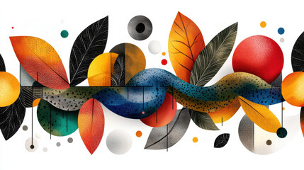 Poster - Vibrant abstract design featuring colorful leaves, circles, and flowing shapes