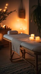 Poster - Wooden massage table draped with clean towels is illuminated by the warm glow of candles, creating a serene ambiance in a wellness center