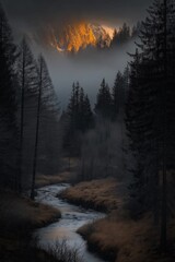 Wall Mural - A dark forest with a river running through it. The trees are tall and the sky is cloudy