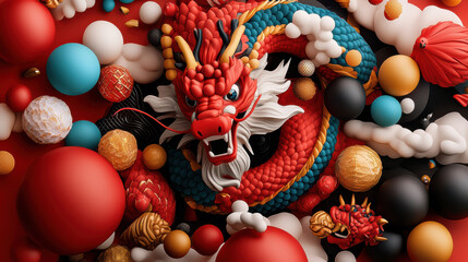Poster - vibrant dragon surrounded by colorful spheres and textures symbolizes celebration