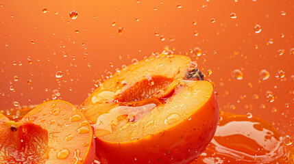 Sliced persimmon with water droplets against an orange background