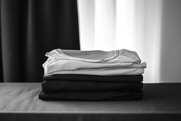 Aufkleber - A collection of neatly folded minimalist sportswear is arranged on a smooth table, showcasing a blend of colors and simplicity. Generative AI