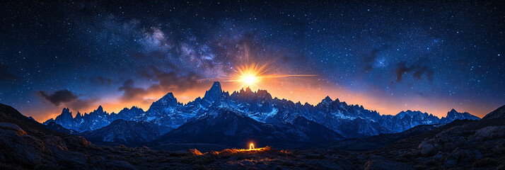 Majestic mountain range silhouetted against a starry night sky, illuminated by a radiant cosmic ray. The atmosphere is mysterious and awe-inspiring, invoking feelings of wonder and tranquility....