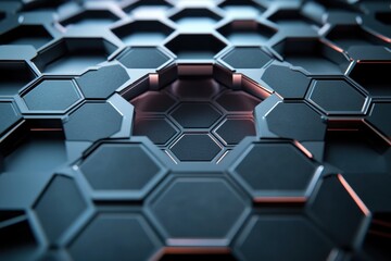 Poster - Layered hexagons create a striking geometric pattern, with shapes gradually decreasing in size toward the central focal point, highlighting intricacy. Generative AI