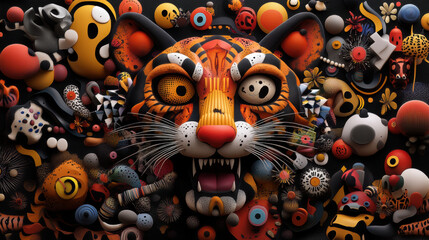 Poster - Vivid abstract portrait of tigers face surrounded by colorful shapes and patterns