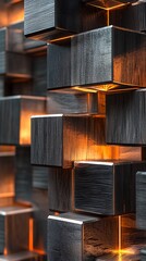 Sticker - Sliced cubes with alternating textures of wood and chrome, glowing neon light between the slices, sharp edges and smooth transitions, high contrast shadows, modern and abstract geometric design,