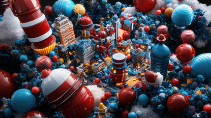 Poster - Stylized cityscape made entirely from recycled materials, vibrant colors and shapes