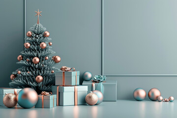 Wall Mural - christmas art postcard, christmas modern decor art tree and gifts, new year banner, podium decor com