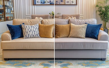 A visual comparison showing a sofa before and after professional dry-cleaning, highlighting the remarkable transformation in cleanliness 